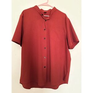 Shein Womens 1XL Rust Red Mandarin Collar Short Sleeve Button Up Shirt Pocket